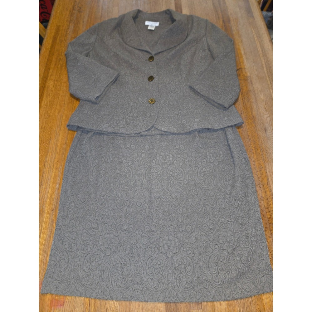 Miss Dorby Women 14P Petite 2pc Olive Paisley‎ Jacquard Blazer Pencil Skirt Suit